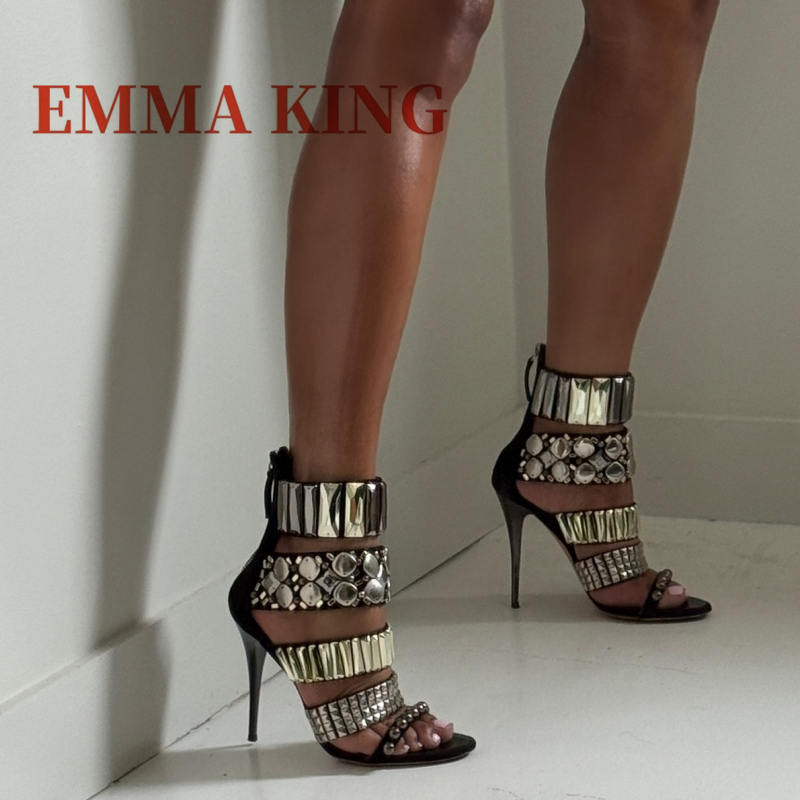 Rhinestone Sandal Women - Black Embellished Ankle Strap Sandals Summer
