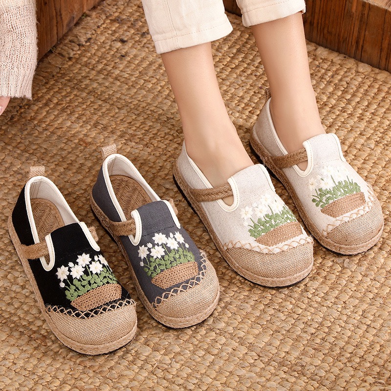 Women'S Shoes Vegan - Veowalk Flowers Embroidered Women Handmade Linen
