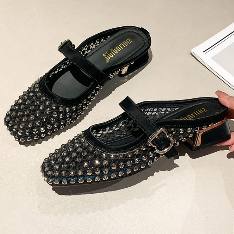 Mesh Rhinestone Chunky Heel Mu - Rhinestone Sandal Women review and price