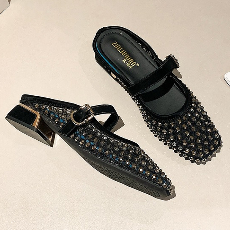 Mesh Rhinestone Chunky Heel Mu - Rhinestone Sandal Women review and price